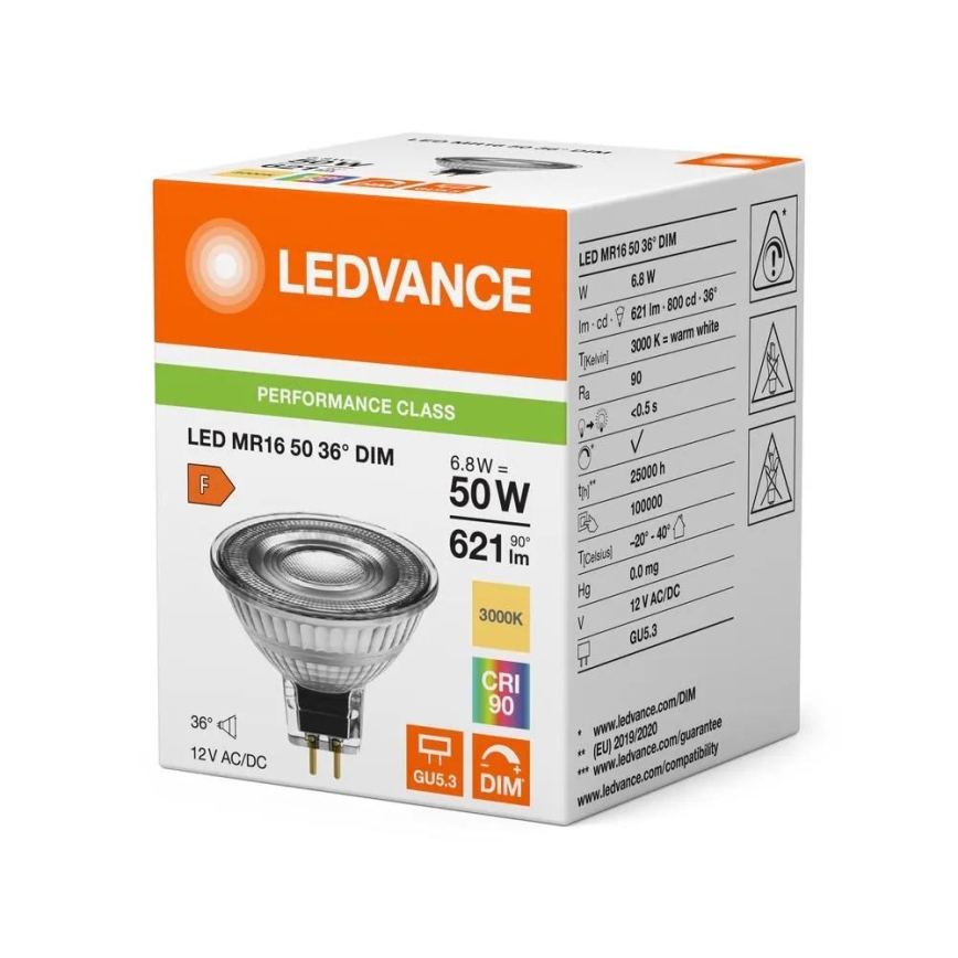 LED Stmívatelná žárovka MR16 GU5,3/6,8W/12V 3000K 36° CRI 90 - Ledvance