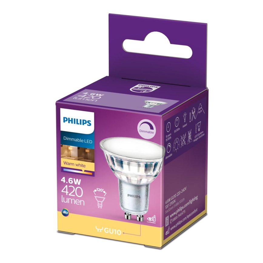 LED Stmívatelná žárovka Philips GU10/4,6W/230V 2700K