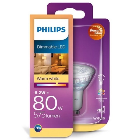 LED Stmívatelná žárovka Philips Warm Glow GU10/6,2W/230V 2200-2700K CRI 90
