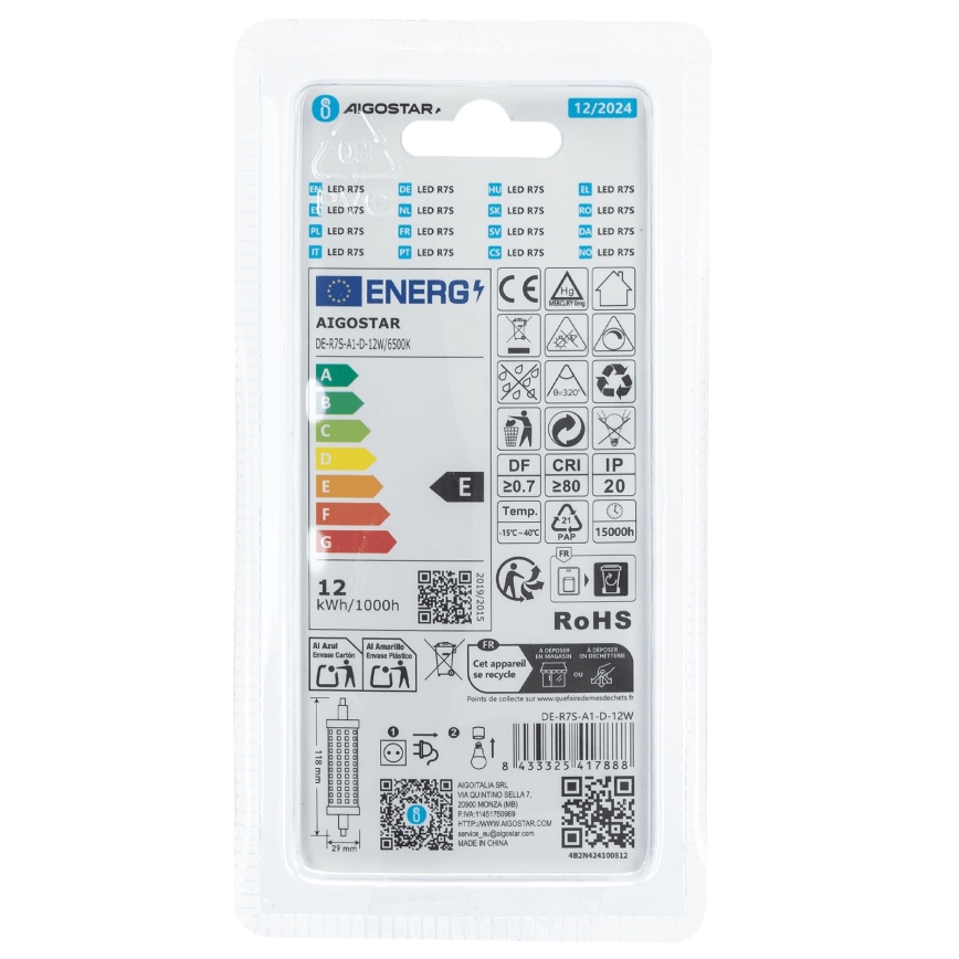 LED Stmívatelná žárovka R7s/12W/230V 6500K - Aigostar