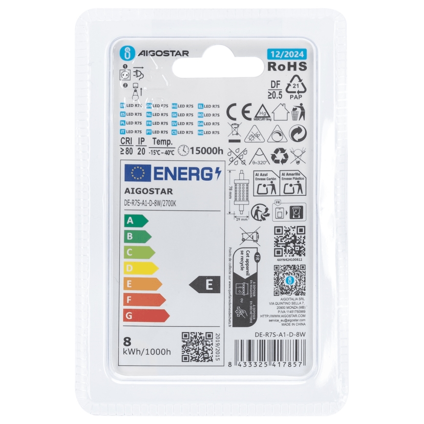 LED Stmívatelná žárovka R7s/8W/230V 2700K - Aigostar