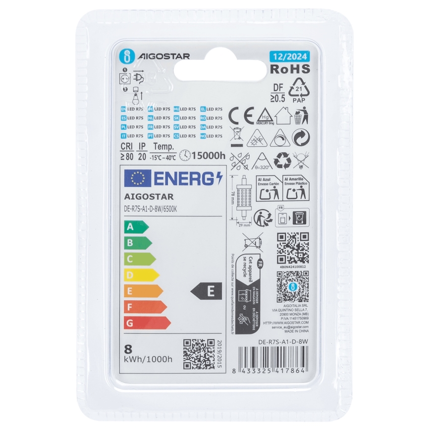 LED Stmívatelná žárovka R7s/8W/230V 6500K - Aigostar