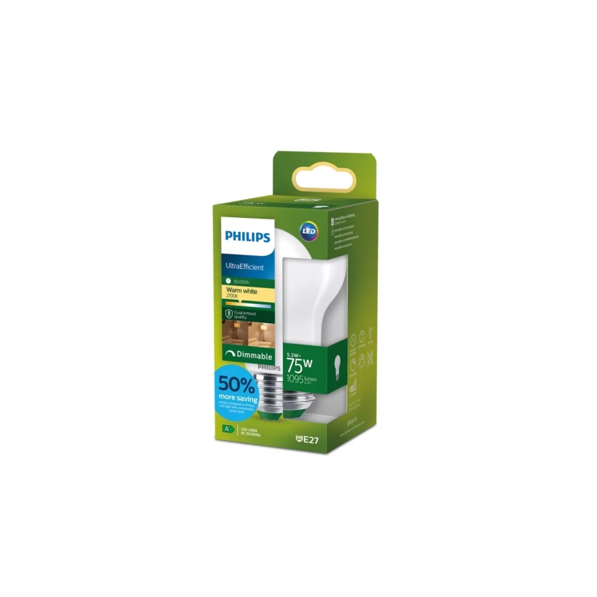 LED Stmívatelná žárovka ULTRAEFFICIENT Philips A60 E27/5,2W/230V 2700K