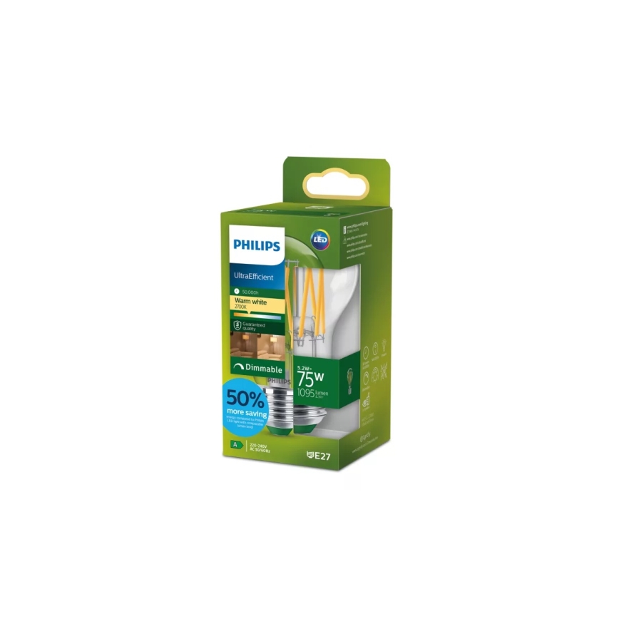 LED Stmívatelná žárovka ULTRAEFFICIENT VINTAGE Philips A60 E27/5,2W/230V 2700K