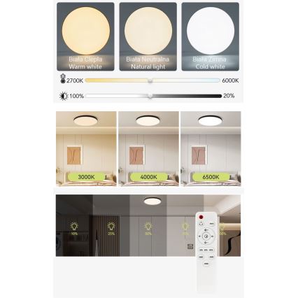 LED Stmívatelné stropní svítidlo LED/60W/230V 3000-6500K pr. 60 cm černá + dálkové ovládání
