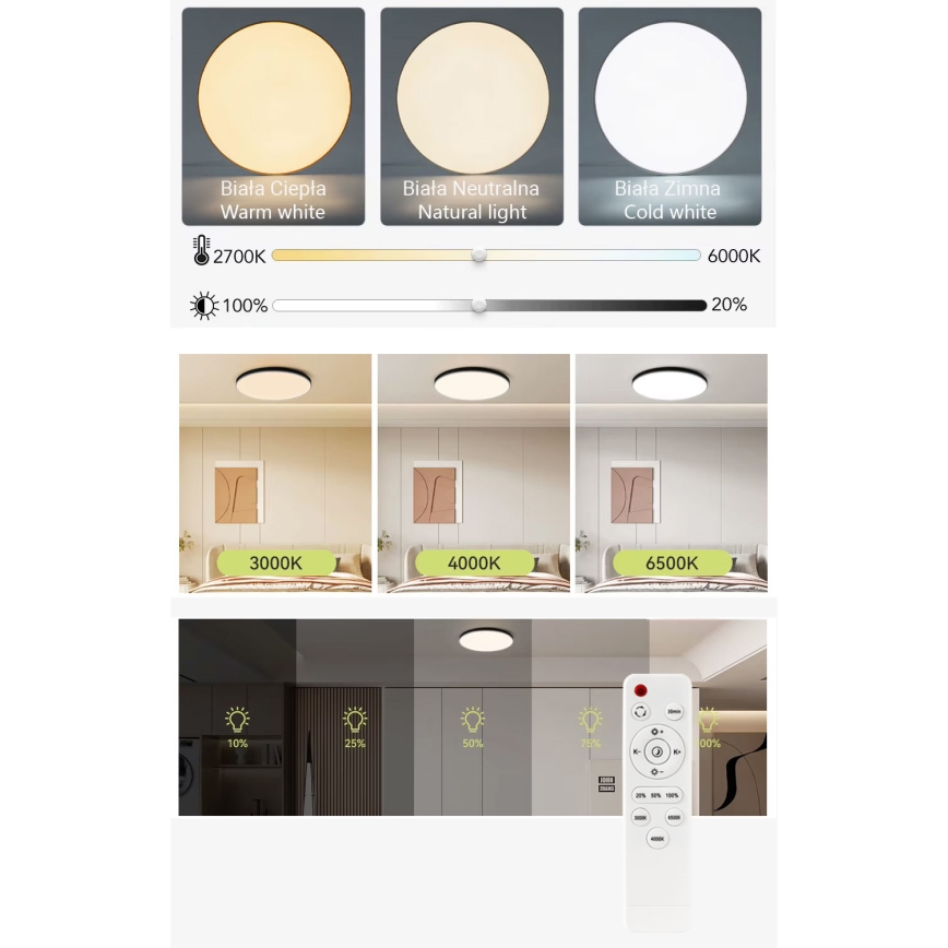 LED Stmívatelné stropní svítidlo LED/60W/230V 3000-6500K pr. 60 cm černá + dálkové ovládání