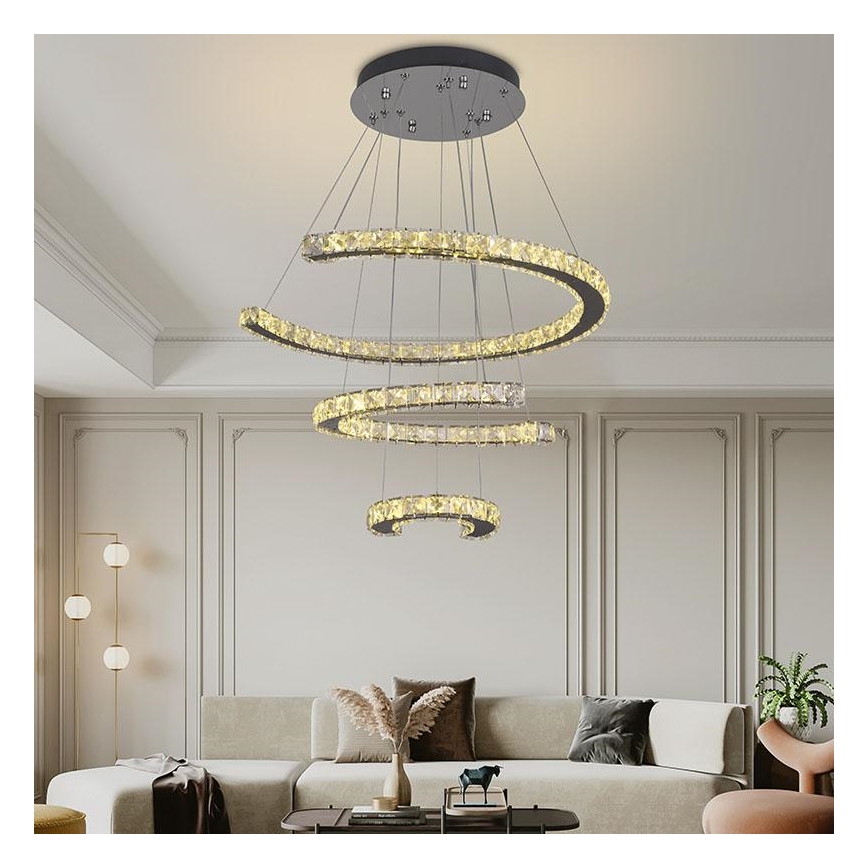 LED Stmívatelný křišťálový lustr na lanku LED/100W/230V 3000-6500K stříbrná + dálkové ovládání