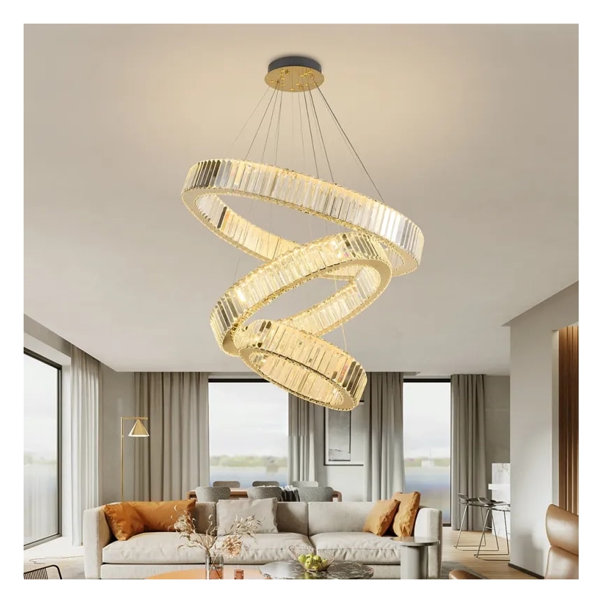 LED Stmívatelný křišťálový lustr na lanku LED/115W/230V 3000-6500K chrom/zlatá + dálkové ovládání