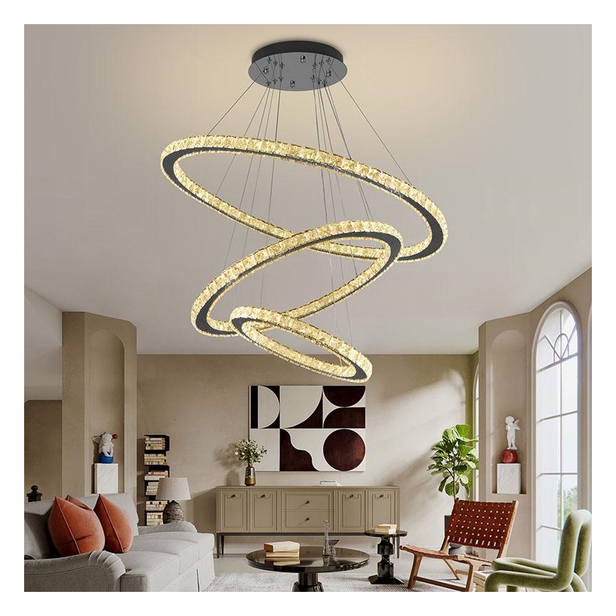 LED Stmívatelný křišťálový lustr na lanku LED/210W/230V 3000-6500K stříbrná + dálkové ovládání