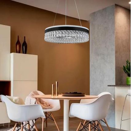 LED Stmívatelný křišťálový lustr na lanku LED/90W/230V 3000-6500K černá + dálkové ovládání