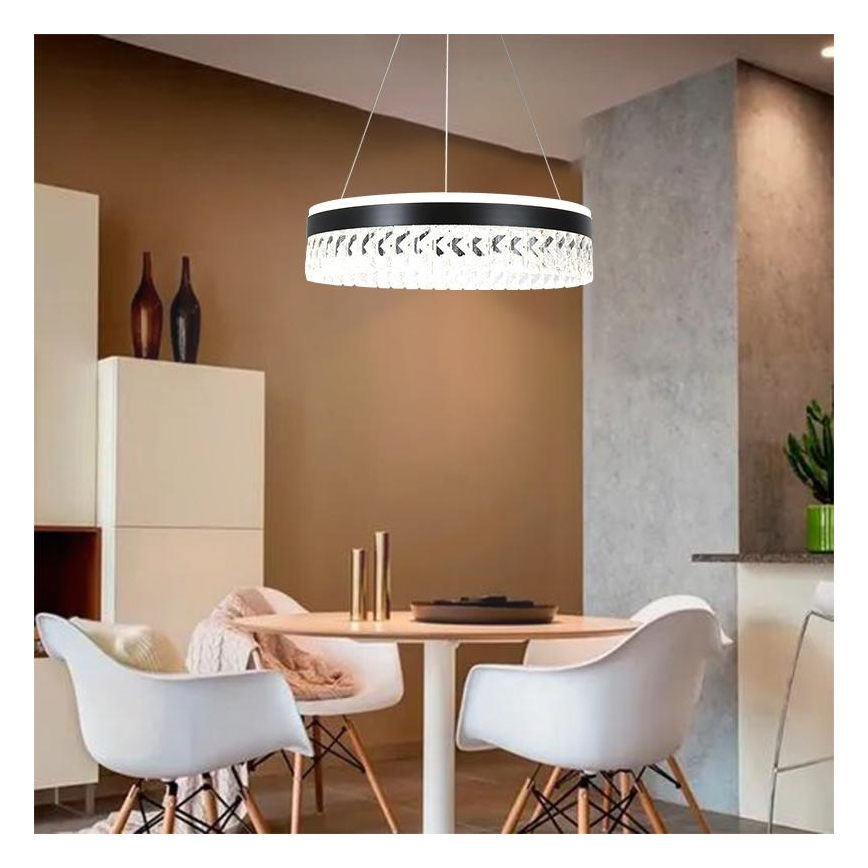 LED Stmívatelný křišťálový lustr na lanku LED/90W/230V 3000-6500K černá + dálkové ovládání