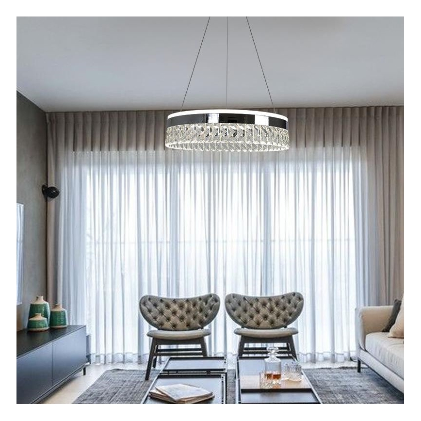 LED Stmívatelný křišťálový lustr na lanku LED/90W/230V 3000-6500K lesklý chrom + dálkové ovládání