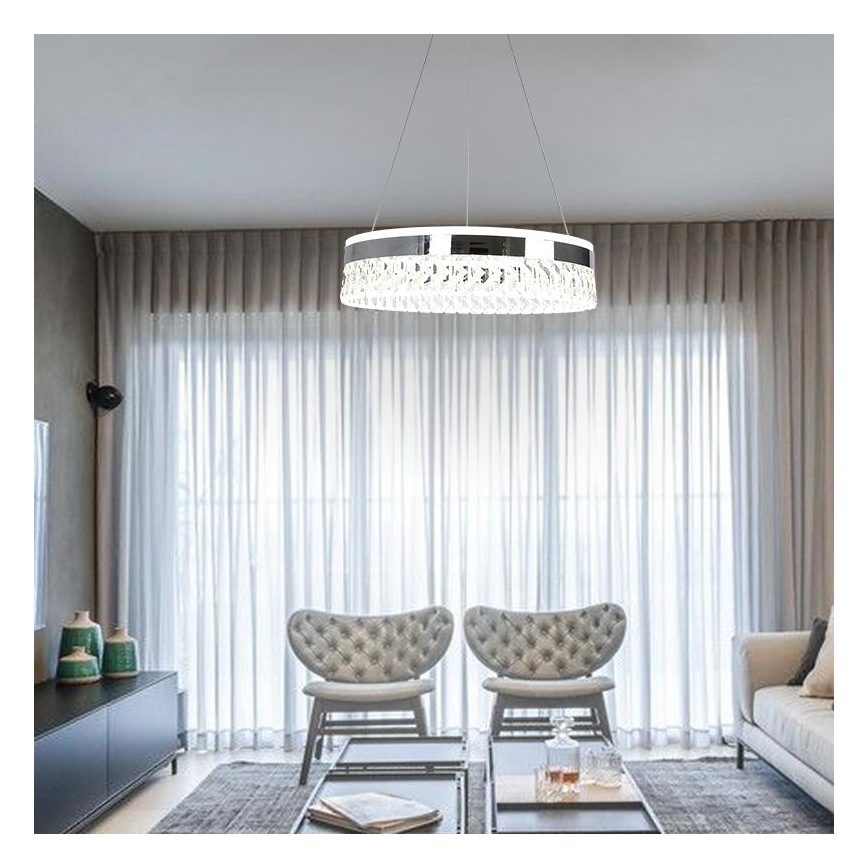 LED Stmívatelný křišťálový lustr na lanku LED/90W/230V 3000-6500K lesklý chrom + dálkové ovládání