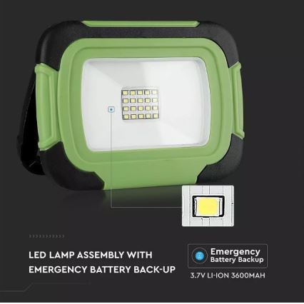 LED Stmívatelný nabíjecí reflektor SAMSUNG CHIP + funkce SOS LED/10W/3,7V/USB IP44 4000K 3600 mAh zelená