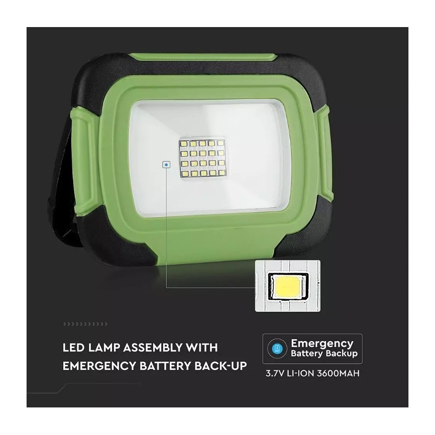 LED Stmívatelný nabíjecí reflektor SAMSUNG CHIP + funkce SOS LED/10W/3,7V/USB IP44 4000K 3600 mAh zelená