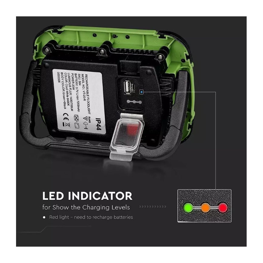 LED Stmívatelný nabíjecí reflektor SAMSUNG CHIP + funkce SOS LED/10W/3,7V/USB IP44 4000K 3600 mAh zelená