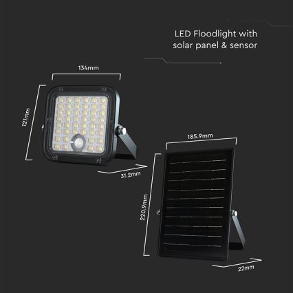 LED Stmívatelný solární reflektor se senzorem LED/10W/3,7V 4000/6000K IP65 + dálkové ovládání