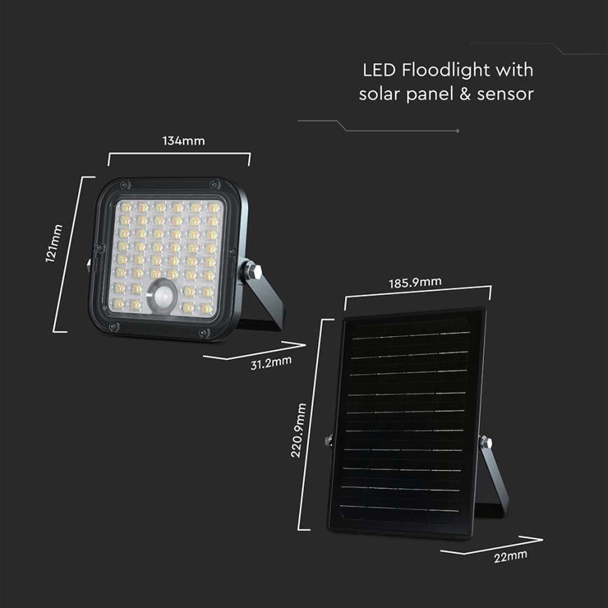 LED Stmívatelný solární reflektor se senzorem LED/10W/3,7V 4000/6000K IP65 + dálkové ovládání