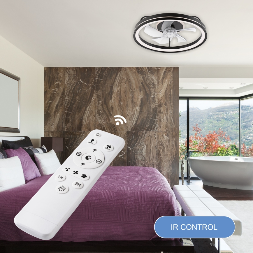 LED Stmívatelné stropní svítidlo s ventilátorem FARGO LED/37W/230V černá + dálkové ovládání