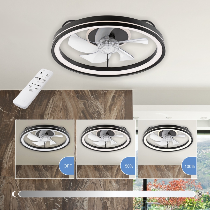 LED Stmívatelné stropní svítidlo s ventilátorem FARGO LED/37W/230V černá + dálkové ovládání