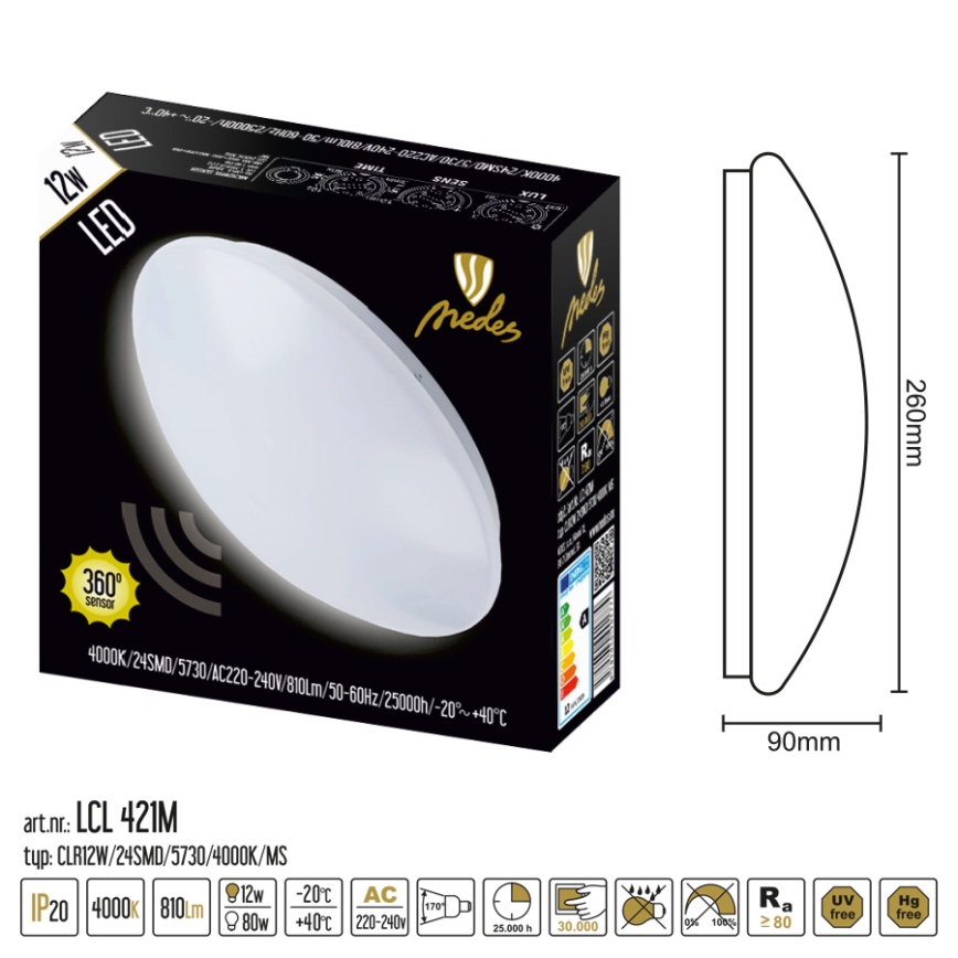 Nedes LCL421M - LED stropní svítidlo se senzorem LED/12W/230V