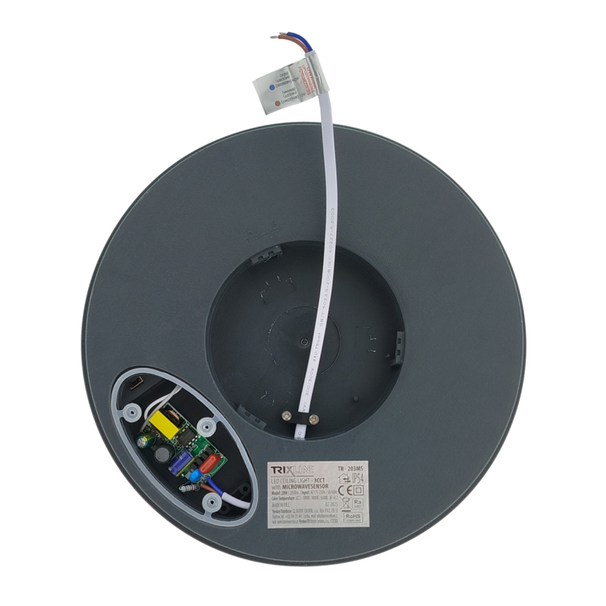 LED Stropní svítidlo se senzorem pohybu LED/20W/230V 3000/4000/6500K pr. 230 cm IP54 antracit