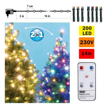LED Vánoční řetěz s dálkovým ovladačem 200xLED/230V IP44