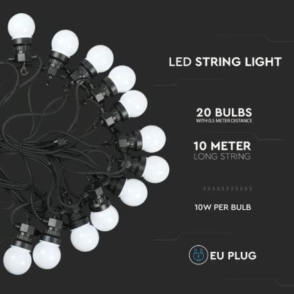 LED Venkovní řetěz STRING 10m 20xLED/0,5W/230V IP44 6000K