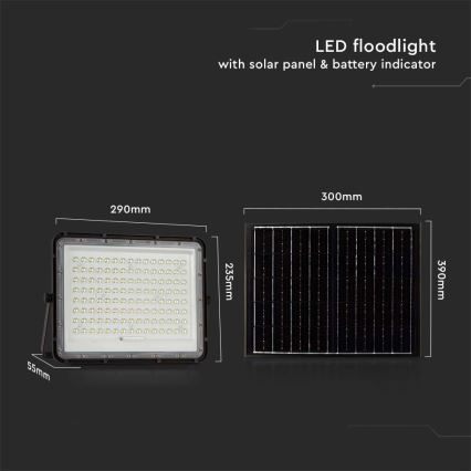 LED Venkovní solární reflektor LED/20W/3,2V 6400K černá IP65 + dálkové ovládání