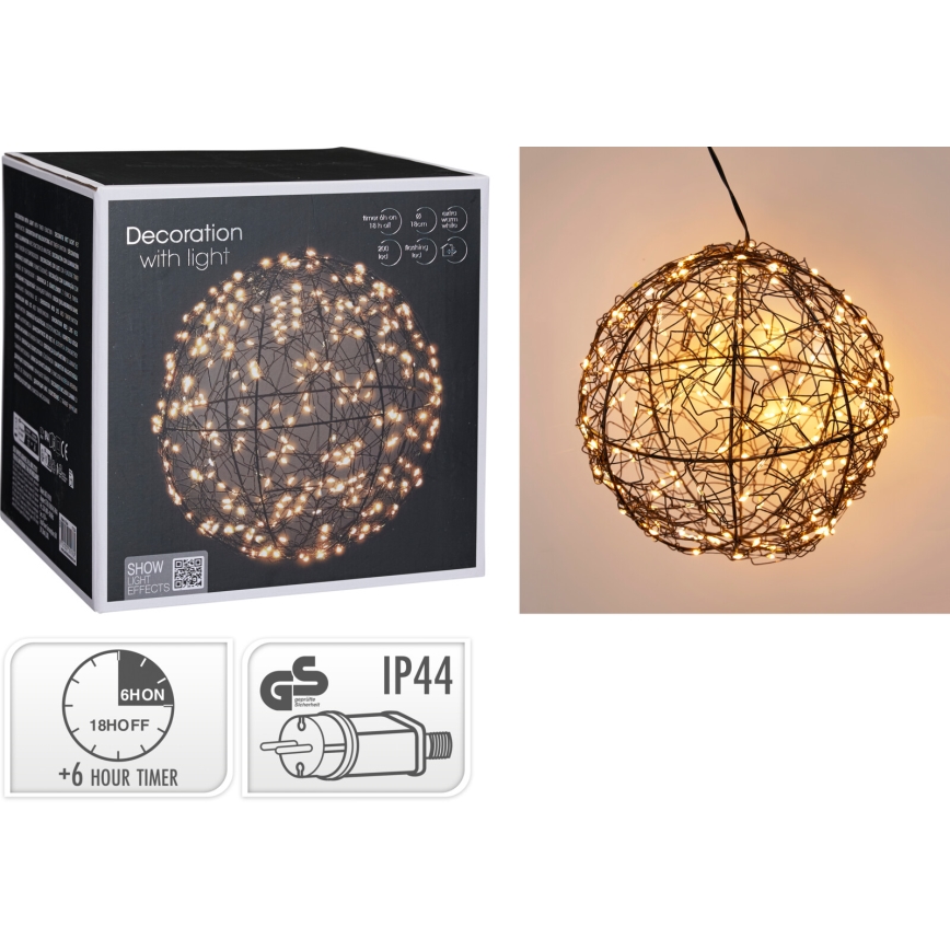 LED Venkovní vánoční dekorace 200xLED/230V pr. 18 cm IP44 teplá bílá koule/černá
