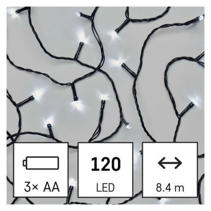 LED Venkovní vánoční řetěz 120xLED/3xAA 8,9m IP44 studená bílá