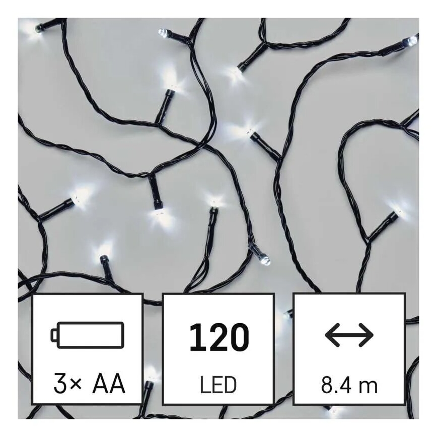 LED Venkovní vánoční řetěz 120xLED/3xAA 8,9m IP44 studená bílá