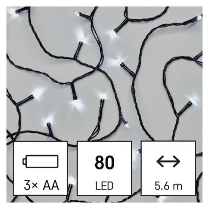 LED Venkovní vánoční řetěz 80xLED/3xAA 6,1m IP44 studená bílá