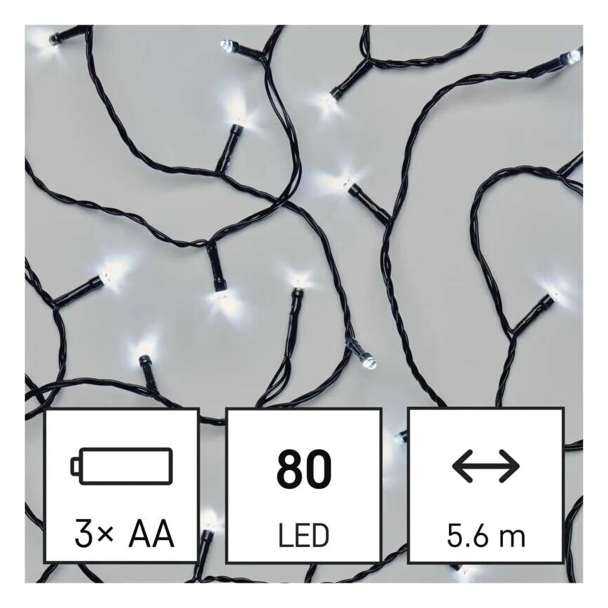 LED Venkovní vánoční řetěz 80xLED/3xAA 6,1m IP44 studená bílá