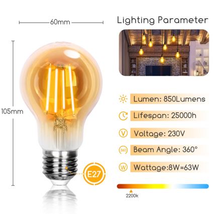 LED Žárovka A60 E27/8W/230V 2200K - Aigostar