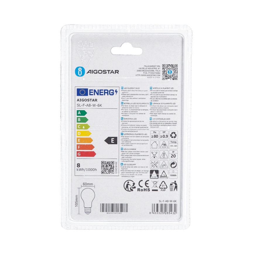 LED Žárovka A60 E27/8W/230V 330° 6500K - Aigostar