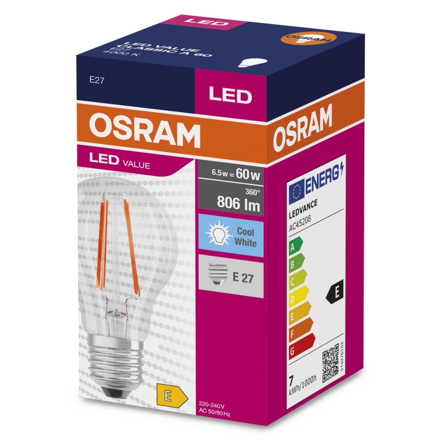 LED Žárovka FILAMENT A60 E27/6,5W/230V 4000K - Osram