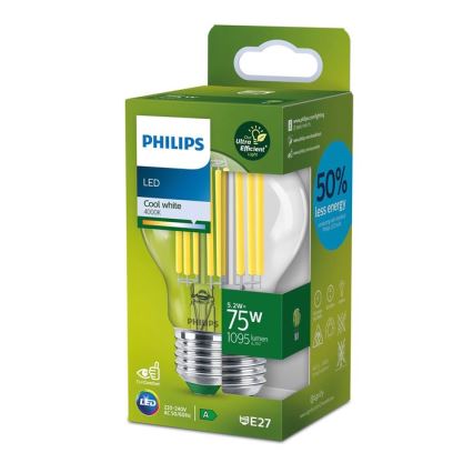 LED Žárovka FILAMENT Philips A70 E27/5,2W/230V 4000K