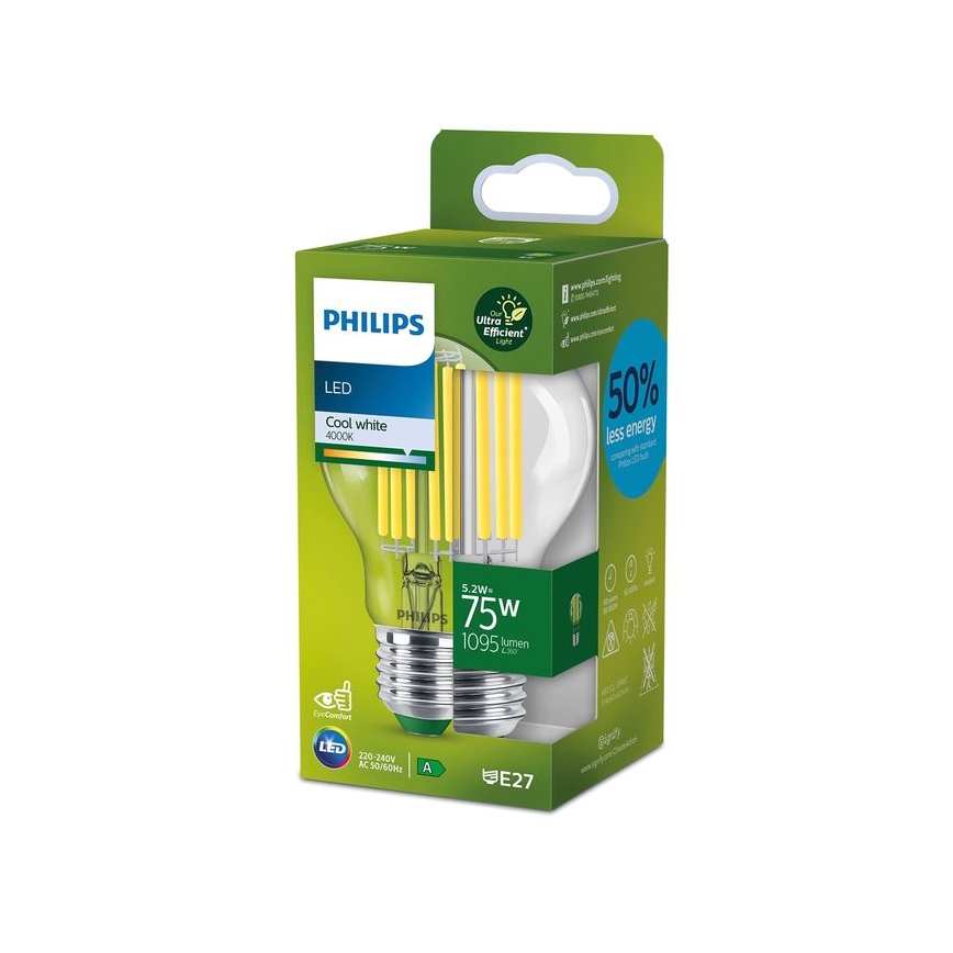 LED Žárovka FILAMENT Philips A70 E27/5,2W/230V 4000K