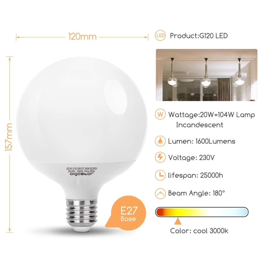 LED Žárovka G120 E27/20W/230V 3000K - Aigostar