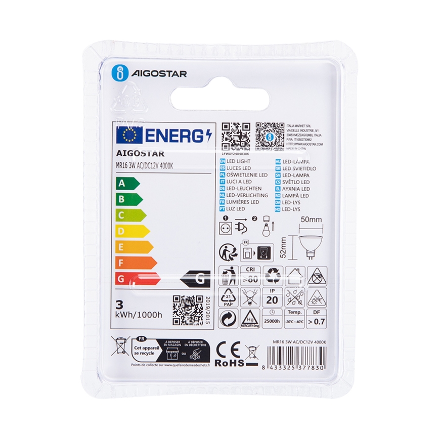 LED Žárovka MR16 GU5,3/3W/12V 4000K - Aigostar