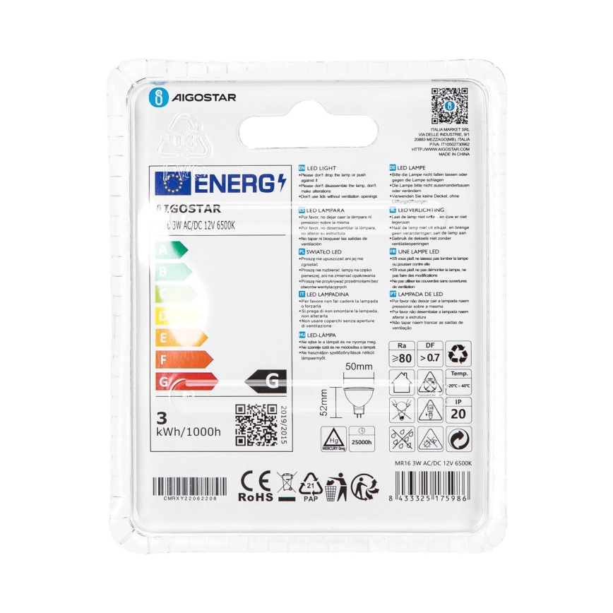 LED Žárovka MR16 GU5,3/3W/12V 6500K - Aigostar