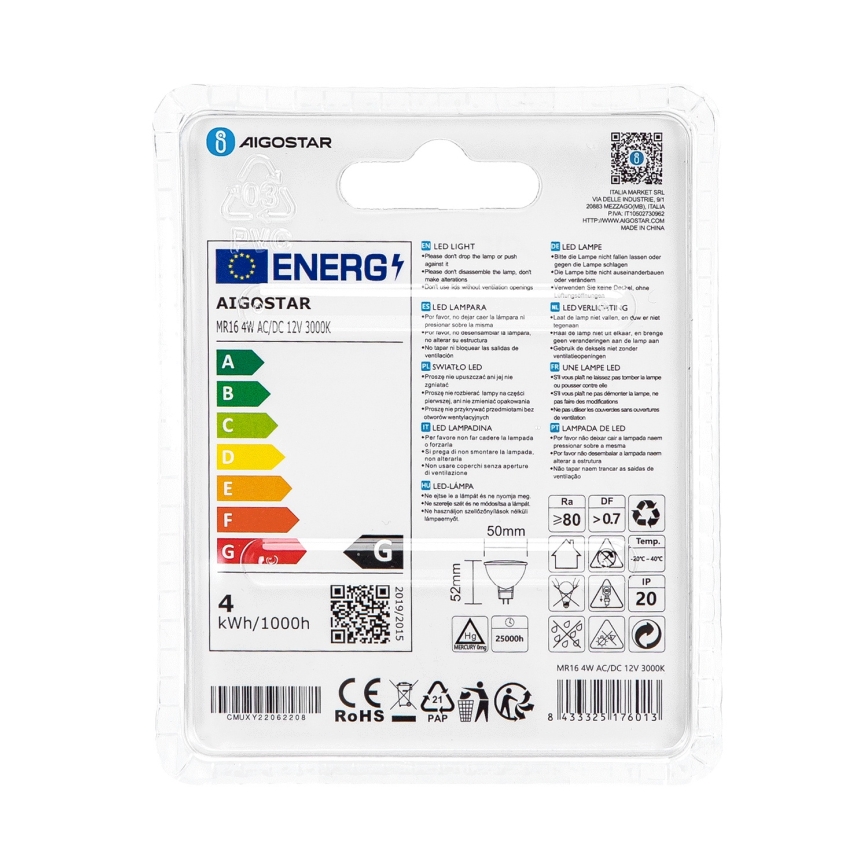 LED Žárovka MR16 GU5,3/4W/12V 3000K - Aigostar