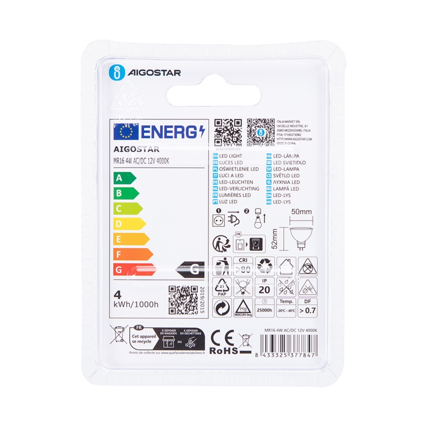 LED Žárovka MR16 GU5,3/4W/12V 4000K - Aigostar