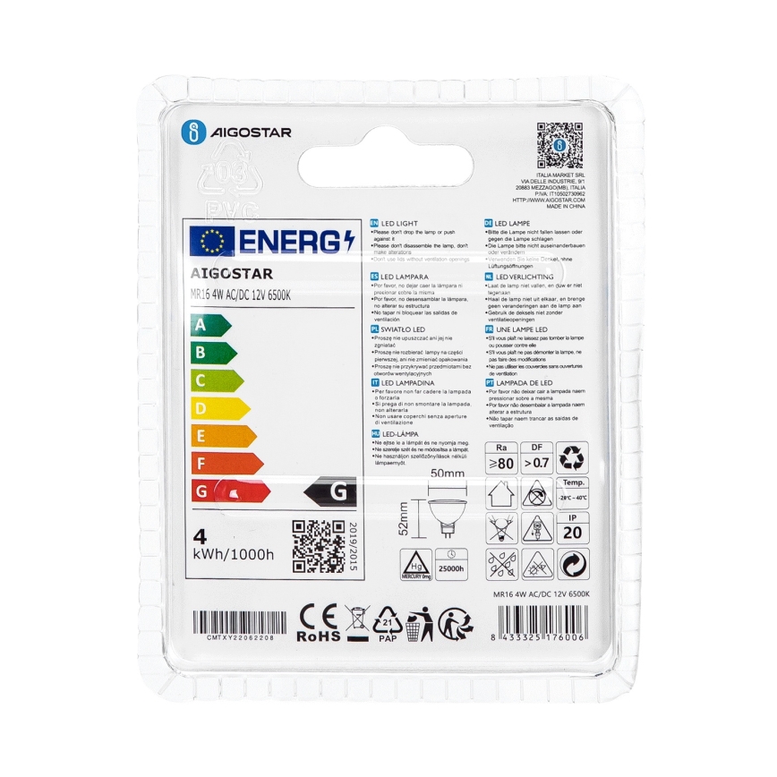 LED Žárovka MR16 GU5,3/4W/12V 6500K - Aigostar