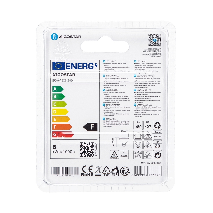 LED Žárovka MR16 GU5,3/6W/12V 3000K - Aigostar