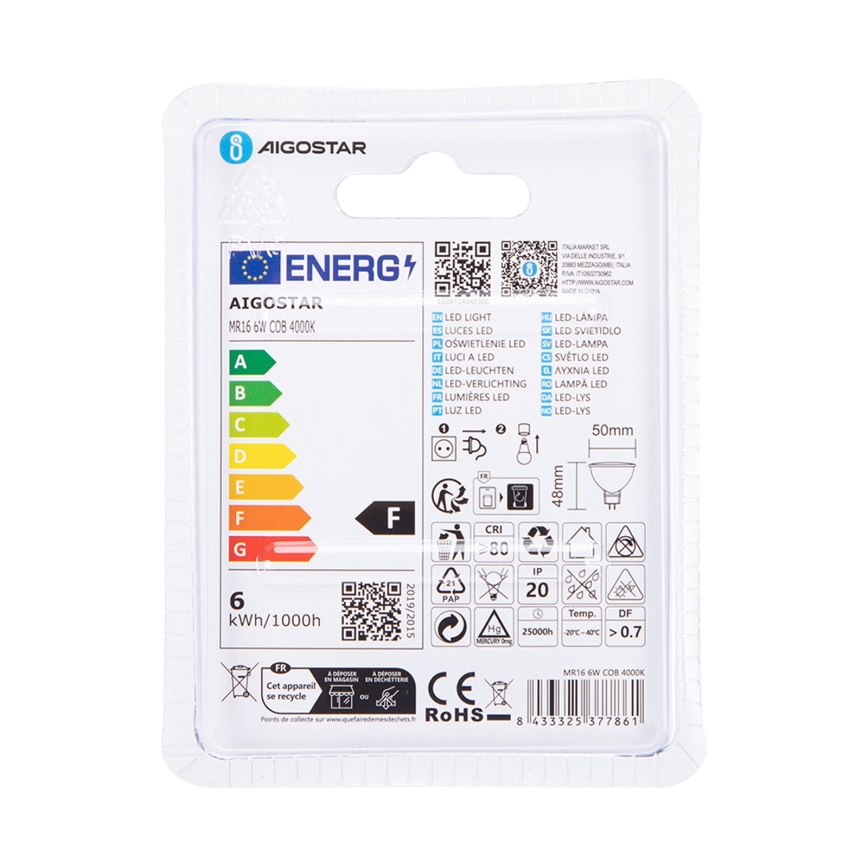 LED Žárovka MR16 GU5,3/6W/12V 4000K - Aigostar