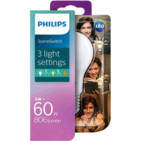 LED Žárovka Philips SCENE SWITCH A60 E27/8W/230V 2200K-2700K