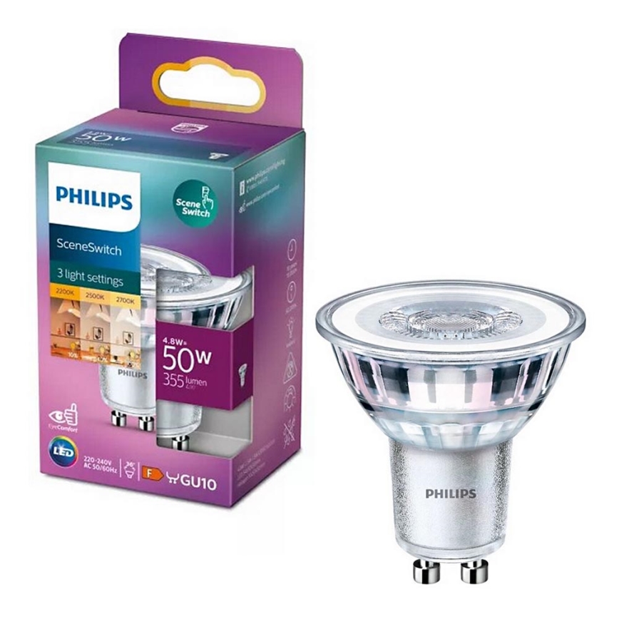 LED Žárovka Philips SCENE SWITCH PAR16 GU10/4,8W/230V 2200/2500/2700K třístupňové přepínání