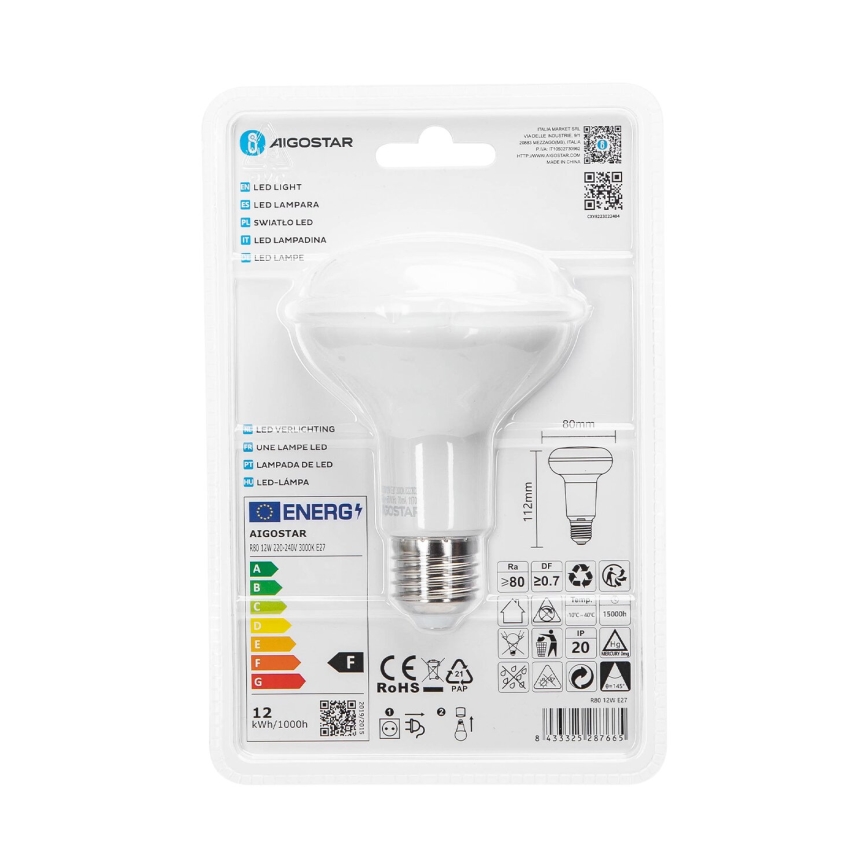 LED Žárovka R80 E27/12W/230V 3000K - Aigostar